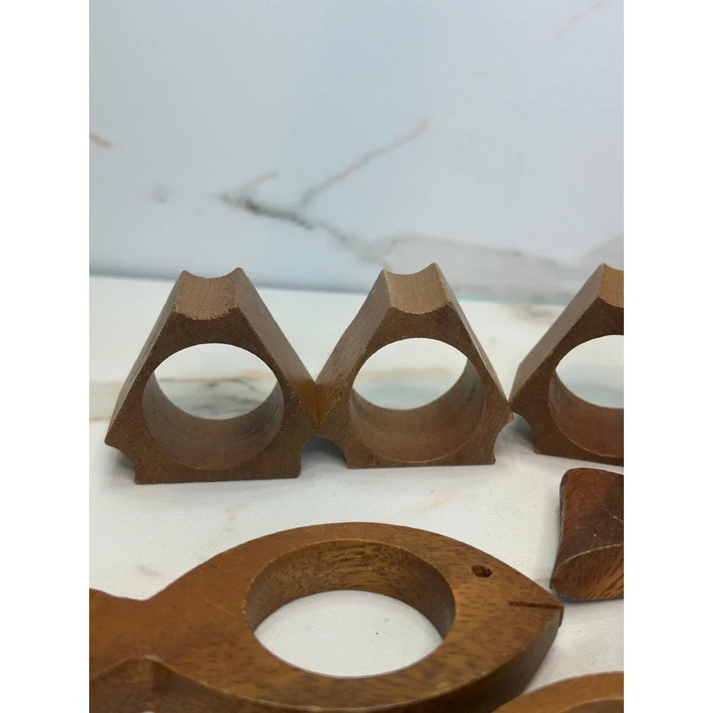 Vintage Wooden Napkin Rings Set of 13 Fish and Geometric Shapes Philippines Wood
